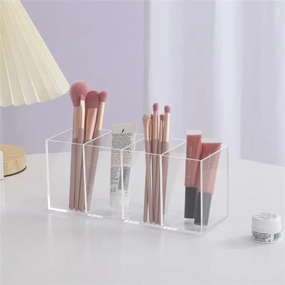 Clear Acrylic Pen Holder Organizer 4Compartment Pencil Makeup Brush Desk Storage